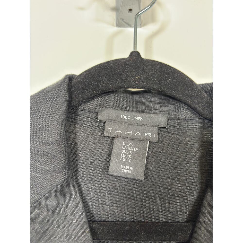 Tahari Button Up Shirt Womens XS Black Linen Short Sleeve Collared Flap Pockets - Picture 3 of 4